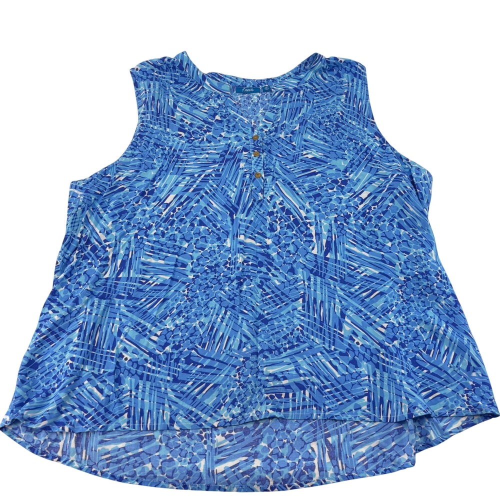 Fresh Womens 3X Blue Geometric Print Rayon Sleeveless Split Neck Tunic Tank Top
